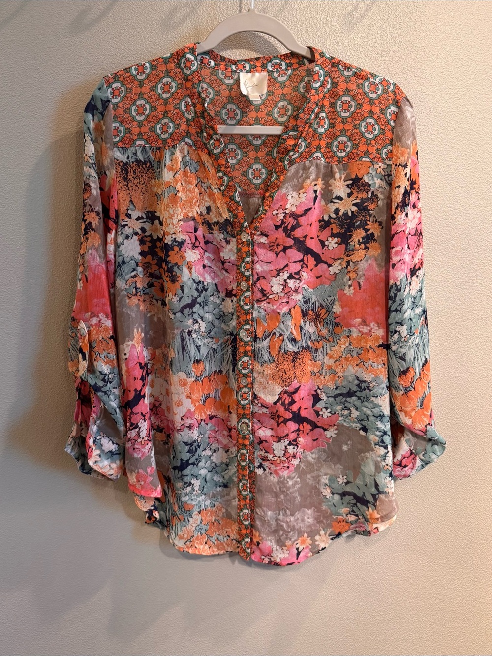 Fig & Flower Floral Mixed-Print Button Front Blouse - Multicolor